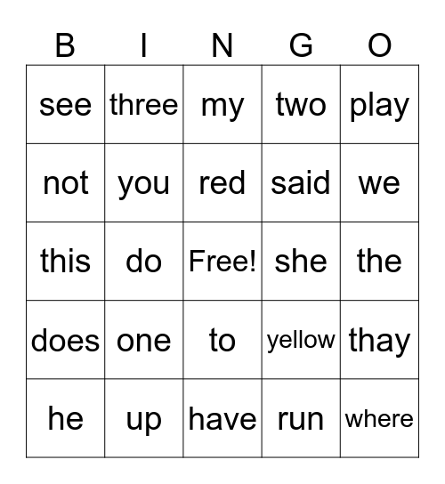 Sight Words 1.2 Bingo Card