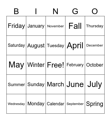Days, Months, Seasons Bingo Card