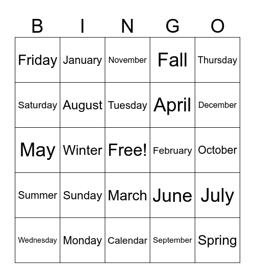 Days, Months, Seasons Bingo Card