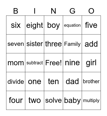 Numbers & Family Bingo Card