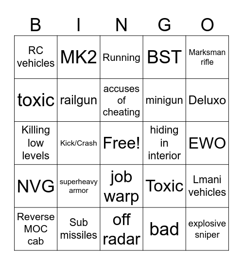 GTA V greifer bingo Card
