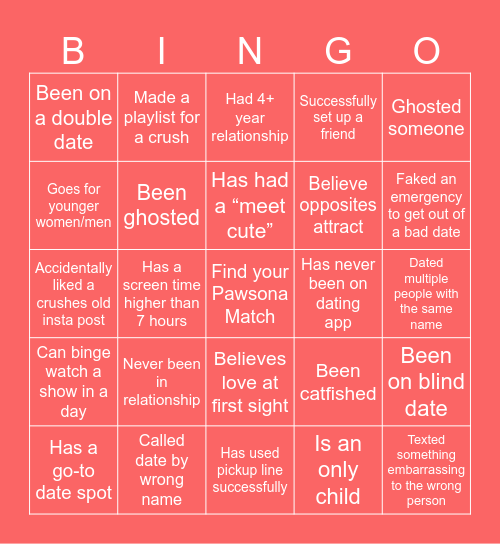 Sul’s Sweethearts Bingo Card