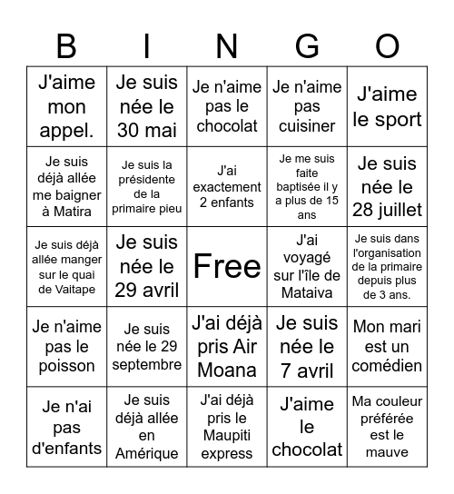 Primaire Vaitape Bingo Card