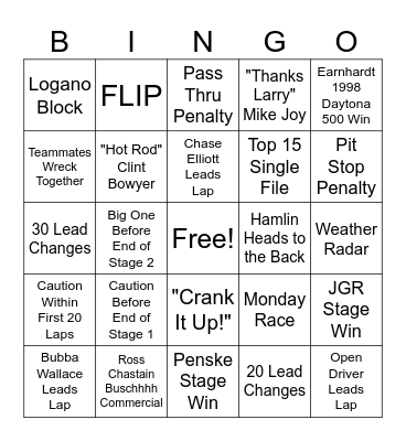 Daytona 500 Bingo Card