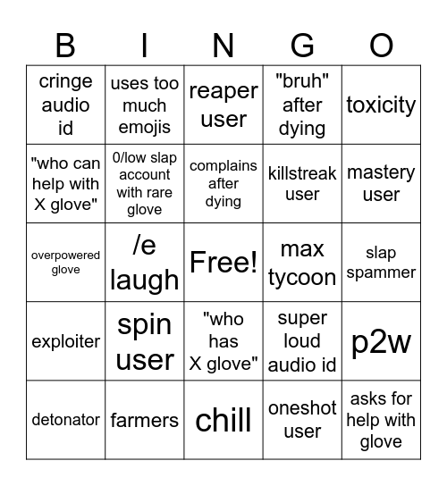 Slap Battles public server bingo Card