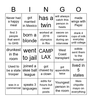 Get to know your fellow campers Bingo Card