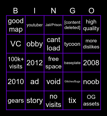 Roblox Random Game Bingo Card