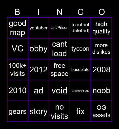 Roblox Random Game Bingo Card