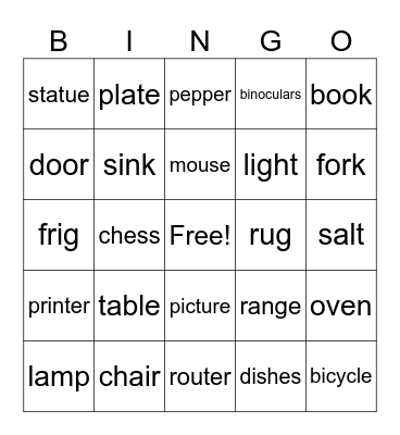Room Stuff Bingo Card