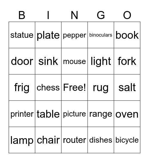 Room Stuff Bingo Card