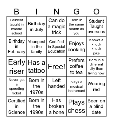Getting to Know You!!! Bingo Card