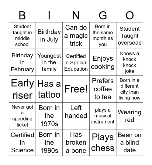 Getting to Know You!!! Bingo Card