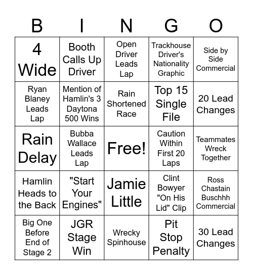 Daytona 500 Bingo Card