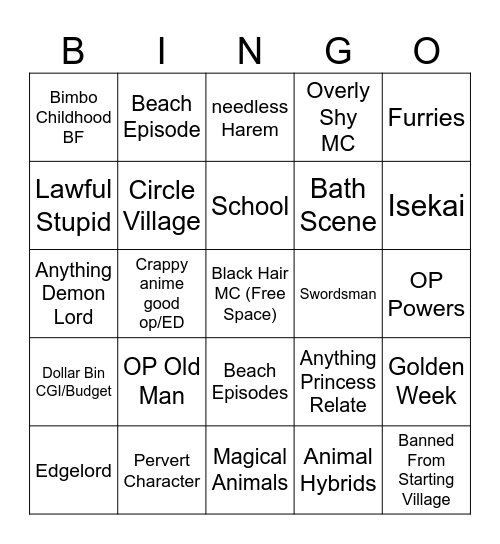 Generic Anime Bingo Card