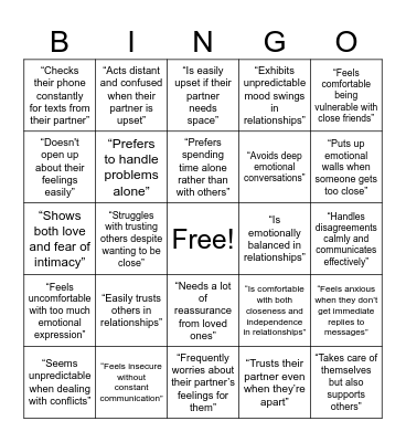 Attachment Style Bingo Card