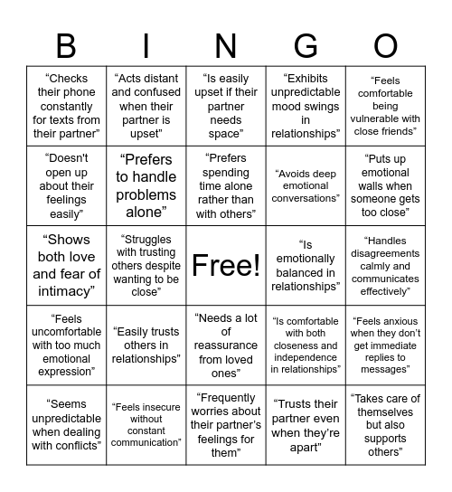 Attachment Style Bingo Card