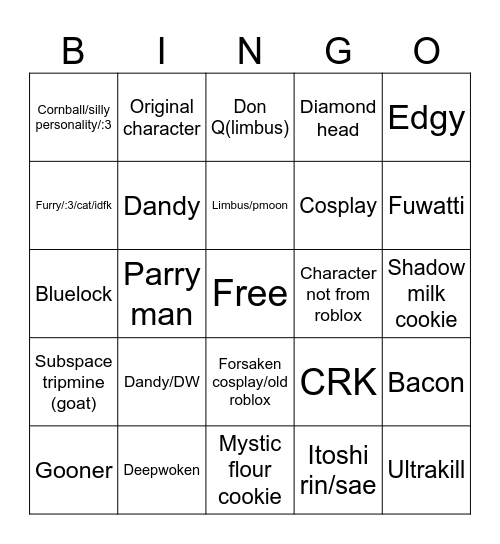 Roblox NDS Avatar bingo Card
