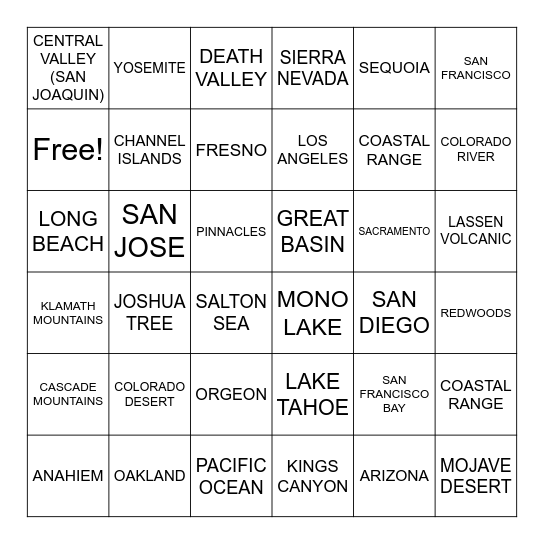 CALIFORNIA GEOGRAPHY Bingo Card