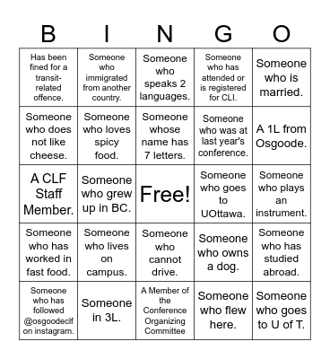 CLF Friendship Bingo Card
