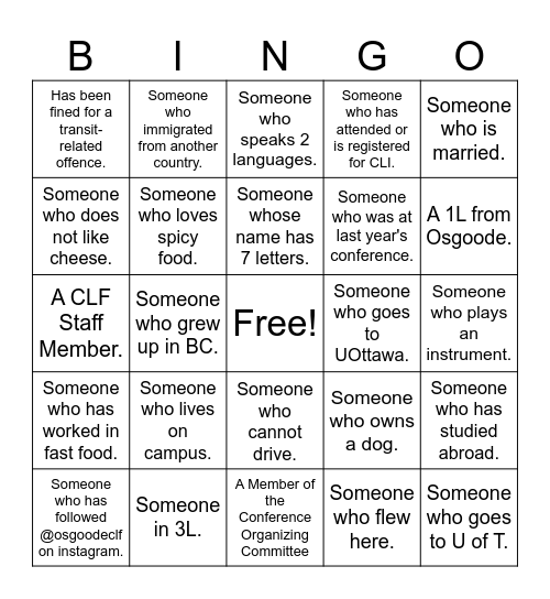 CLF Friendship Bingo Card