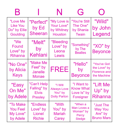Valentine's Music Bingo Card