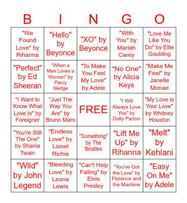 Valentine's Music Bingo Card