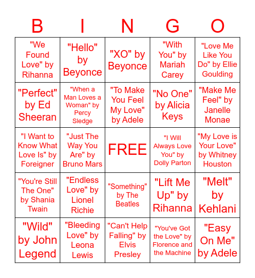 Valentine's Music Bingo Card