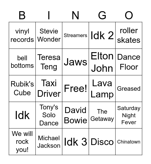 Retro 70s Bingo Card
