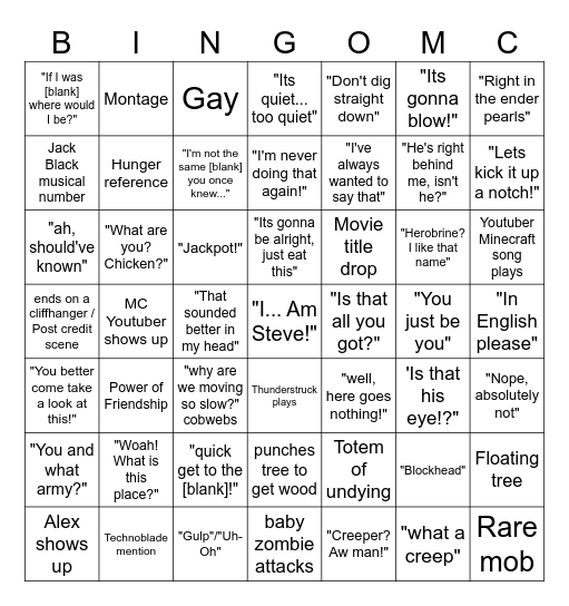 Minecraft Movie Bingo Card