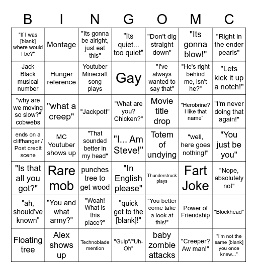 Minecraft Movie Bingo Card