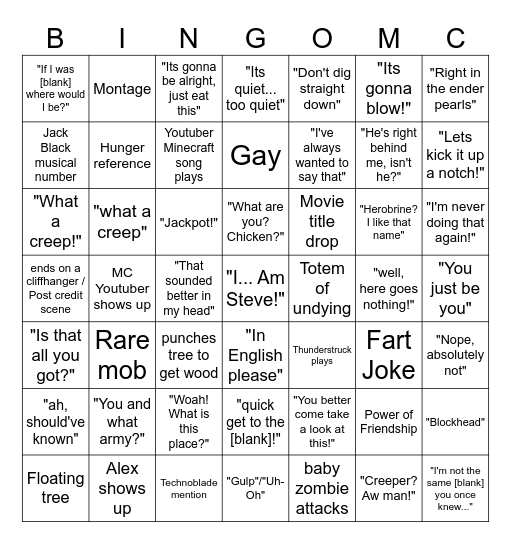 Minecraft Movie Bingo Card