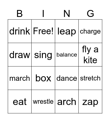 Animal Action Bingo Card