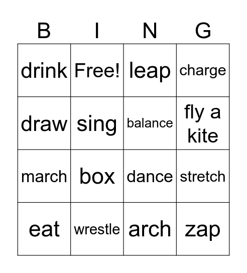 Animal Action Bingo Card
