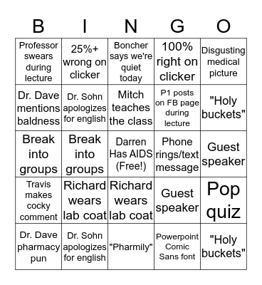 Pharmacy School Bingo Card