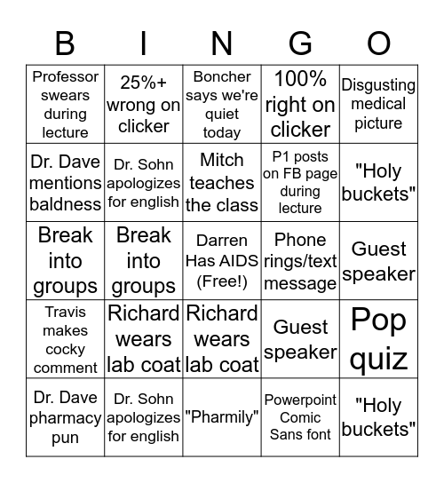 Pharmacy School Bingo Card