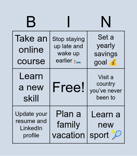 New Year’s Resolution Bingo Card