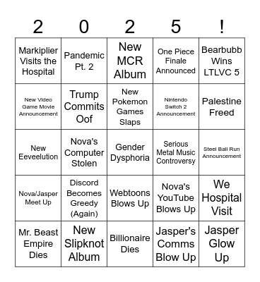 Nova & Jasper 2025 Bingo Board Bingo Card