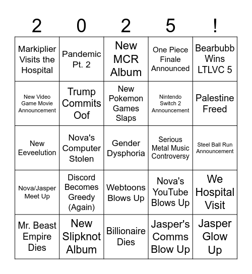 Nova & Jasper 2025 Bingo Board Bingo Card
