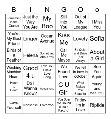 Love-ish Song Bingo Card