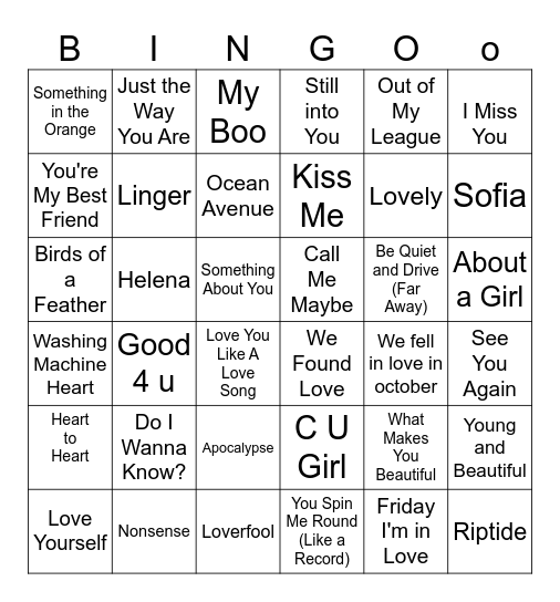 Love-ish Song Bingo Card