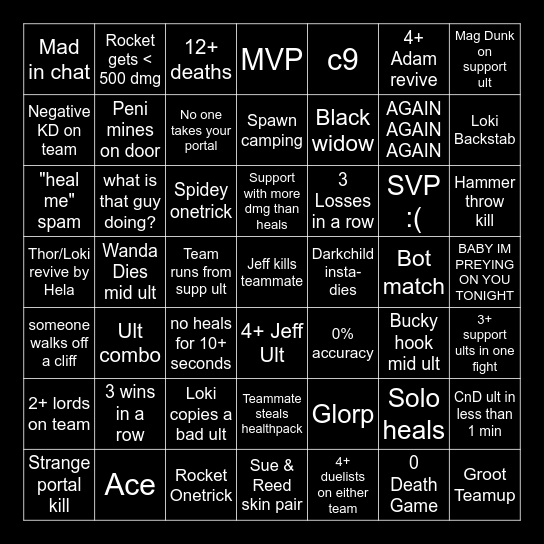 Marvel Rivals QP Bingo Card