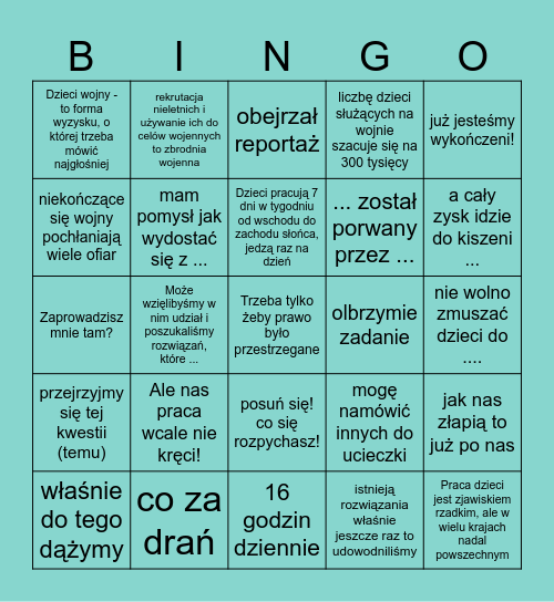 Pracujące dzieci Bingo Card