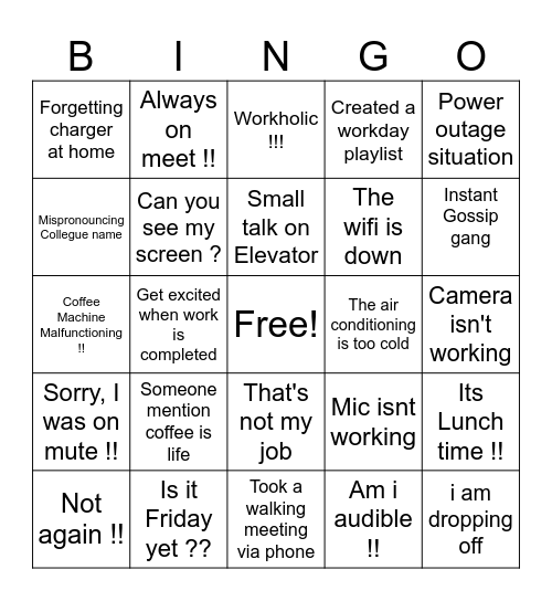 Workplace Bingo Card
