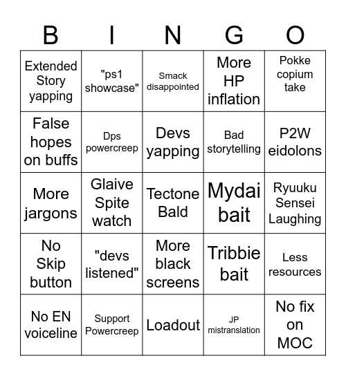 HSR Realistic Bingo Card