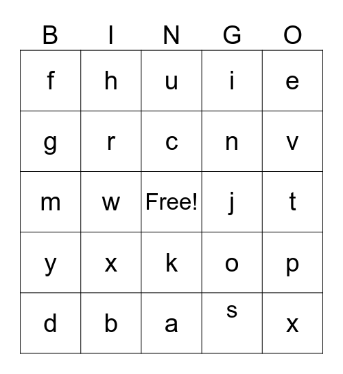 lower case letters Bingo Card