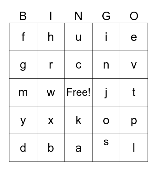 lower case letters Bingo Card