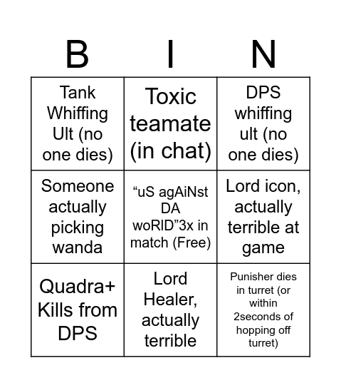 Rivals Bingo Card