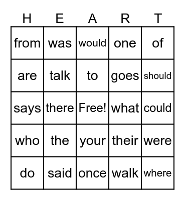 Heart Word Bingo Card