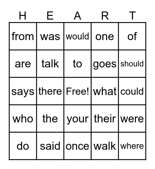 Heart Word Bingo Card