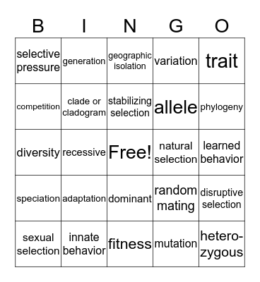 UNIT 3 ~ Evolution by Natural Selection Bingo Card